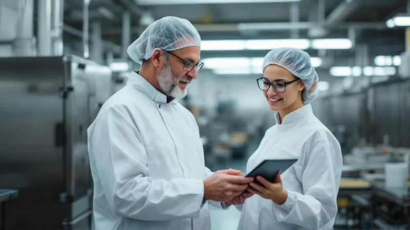 Ausbilder bei Dr. Oetker in Bielefeld erklärt Auszubildender Produktionsabläufe in einer modernen Lebensmittelproduktion