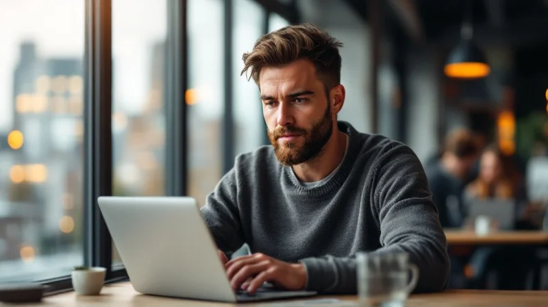 Bielefelder Angestellter mit Laptop in einem Coworking-Space in der Innenstadt, im Hintergrund Mittelstandsarchitektur